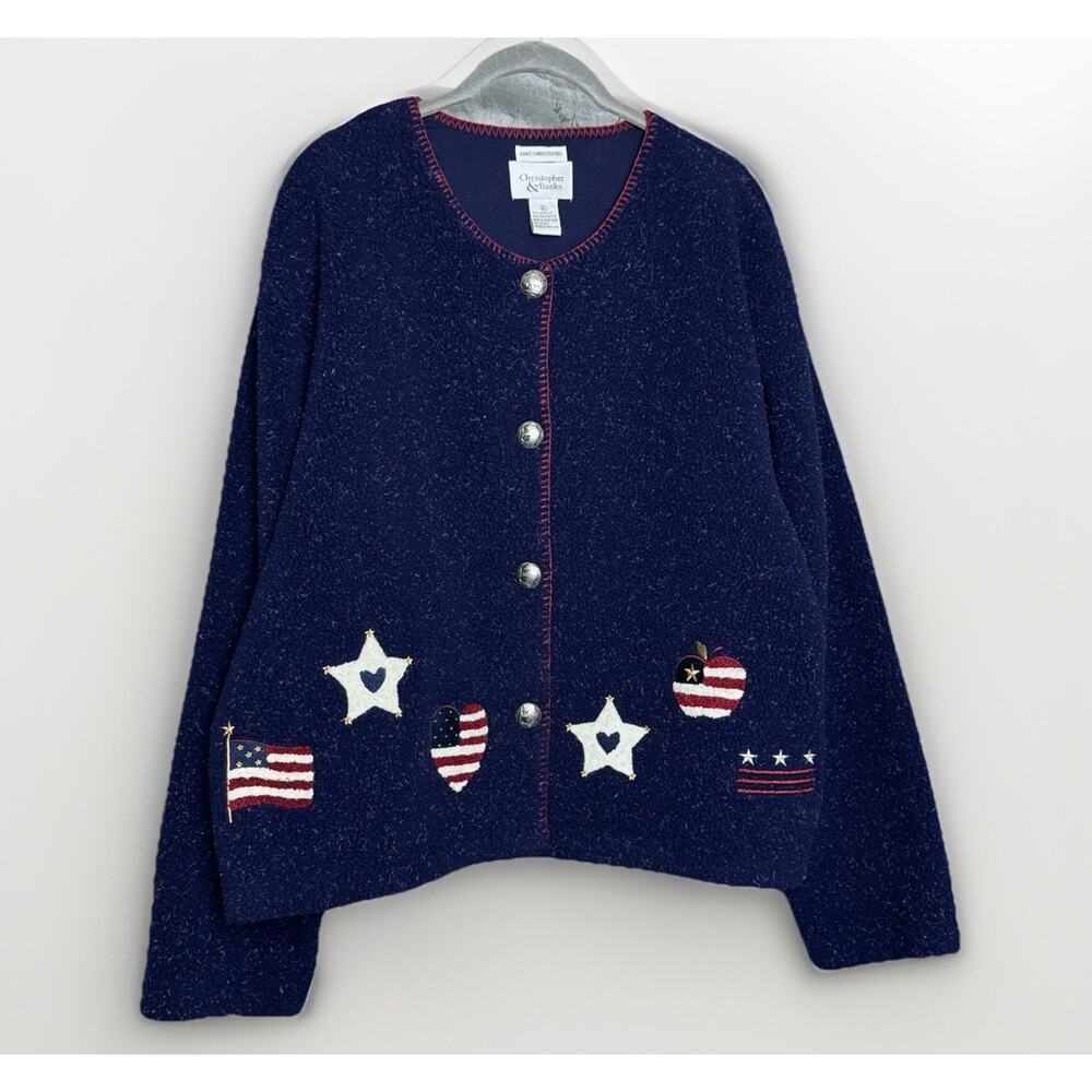 Christopher‎ Banks Embroidered Cardigan Sweater XL Navy USA Flag Buffalo Nickel